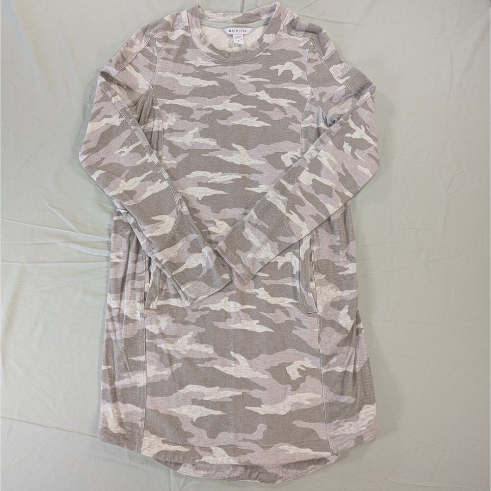 Athleta Balance Dress Gray Camo Women's Knit Tunic Pockets Ribbed Size Small